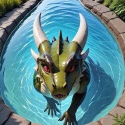 ai_generated anthro aurugy bodily_fluids dragon dripping female furry looking_at_viewer outdoor outside partially_submerged saliva saliva_drip solo swimming viewed_from_above water