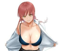 1girls 2d big_breasts blue_bra bra breasts busty chainsaw_man cleavage collarbone collared_shirt dress_shirt female female_only lingerie looking_at_viewer makima_(chainsaw_man) open_clothes open_shirt panties pointy_chin red_hair smile smiling_at_viewer solo undressing yellow_eyes