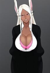 1girls ai_generated bra bunanza_ cleavage cleavage_overflow dark-skinned_female hourglass_figure mirko my_hero_academia pink_bra rumi_usagiyama shirt solo suit tagme tall tall_female taller_female trousers