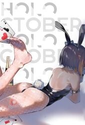 amatto ass bunny_ears bunny_tail bunnysuit feet fishnets hololive hololive_english hololive_myth laying_down ninomae_ina'nis on_stomach on_table shiny_skin short_hair virtual_youtuber vtuber