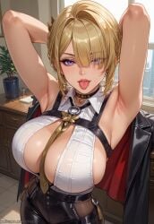 ai_generated alternate_version_at_source armpits big_breasts blonde_hair bodyguard breasts evelyn_chevalier female high-angle_view hypet indoors pants purple_eyes short_hair tagme thick thick_ass thick_legs thick_thighs thigh_highs thighhighs thighs video_games zenless_zone_zero