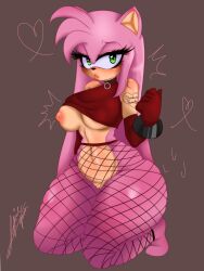 amy_rose big_breasts choker clothing crop_top fishnet_legwear fishnets gloves green_eyes large_breasts long_hair nipple_piercing nipple_slip nipples one_breast_out pink_fur pink_hair shy sonic_(series) sonic_the_hedgehog_(series) sophie_queen11 thick_thighs underboob