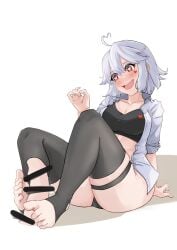 buddy_(buddies) censor_bar censored footjob happy heart_eyes red_eyes silver_hair tomboy