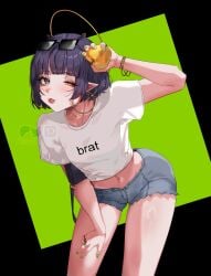 amatto ass belly_button bent_over brat_(charli_xcx) hololive hololive_english hololive_myth looking_at_viewer midriff ninomae_ina'nis peace_sign shiny_skin short_shorts shorts small_breasts thick_thighs thighs tongue tongue_out tongue_piercing virtual_youtuber vtuber wink winking_at_viewer