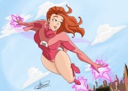 1girls atom_eve bodysuit flying full_body invincible large_breasts lips red_hair samantha_eve_wilkins shoes smile