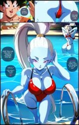 1boy 2girls angel_(dragon_ball) ass ass bare_arms bare_legs bare_shoulders bare_thighs big_ass big_butt black_hair color dragon_ball dragon_ball_super english_text felox08 female hi_res light-skinned_female light_skin male male/female one-piece_swimsuit pool purple_eyes pussy_visible_through_clothes son_goku swimwear tagme text text_bubble thick_thighs towa vados water white_hair