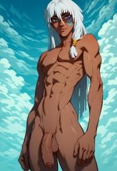 ai_generated atlantis:_the_lost_empire blue_eyes dark-skinned_male dark_skin disney gay genderswap_(ftm) kida kidagakash kidagakash_nedakh male_focus male_only rodin666 rule_63 white_hair yaoi