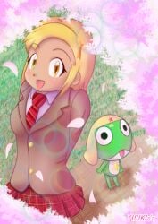 1boy angol_mois blonde_hair cherry_blossoms dark_skin female gnome1114 gyaru hair_ornament hairclip keroro keroro_gunsou necktie not_porn school_uniform sfw short_hair