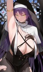 absurd_res arm_up armlet breasts cleavage cross dress fangfangtu female_only habit highres huge_breasts jewelry long_hair necklace nun original purple_hair smile solo torn_clothes yellow_eyes