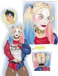 1girls blonde_female blonde_hair bodysuit booty_shorts bulge bulge_through_clothing clown_girl clown_makeup clown_transformation clownification dastanprince dc dc_comics dceu dialogue dialogue_bubble diggerman female fishnets gender_transformation genderswap_(mtf) harleen_quinzel harley_quinn harley_quinn_(dceu) male_to_female stockings stuck transformation zipper