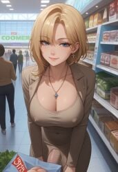 1futa ai_generated big_breasts blonde_hair blue_eyes bulge cleavage covered_navel dongtan_dress dress earrings erect_penis erection erection_under_clothes exhibitionism flirting flirting_with_viewer futanari grocery_store hand_on_leg hand_on_thigh hourglass_figure jacket jewelry large_breasts leaning_forward long_sleeves looking_at_viewer medium_hair navel_visible_through_clothes necklace nipple_bulge nipples_visible_through_clothing open_jacket original original_character penis_under_clothes pov public_indecency santopati seductive seductive_look self_upload sex_toy smile solo standing taller_girl taut_clothes