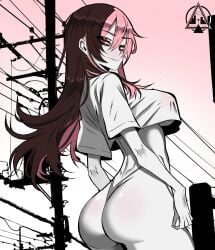 ass ass_focus dizzle dizzle_tan monochrome multicolored_hair neo_(rwby) outdoor_nudity outdoors outside pink_hair rwby