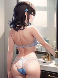 1girls ai_generated ai_mirror back_view bathroom blue_eyes blush brown_hair drawer flower_in_hair looking_back looking_back_at_viewer medium_ass mirror short_hair sink small_breasts underwear underwear_only white_skin white_underwear