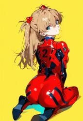 1girls ai_generated ass ass_focus asuka_langley_sohryu full_body kneeling looking_back neon_genesis_evangelion orange_hair plugsuit shoppy smile soles yellow_background