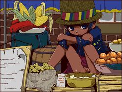 1girls blue_eyes blue_hair cleft_of_venus corncob dark_skin fruit knees_up market_stall monica_(pop'n_music) no_panties oekaki pop'n_music pussy running_bond sitting solo spread_legs uncensored