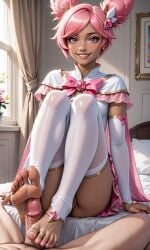 ai_generated footjob footjob_with_legwear league_of_legends pink_eyes pink_hair riot_games star_guardian_series star_guardian_taliyah taliyah thighhighs