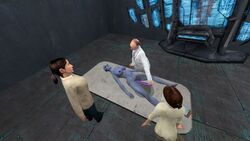 1boy 3d 3d_(artwork) 3girls asari blue_skin completely_naked completely_naked_female completely_nude completely_nude_female dildo graymond half-life_(series) half-life_2 isaac_kleiner judith_mossman large_breasts liara_t'soni lying mass_effect purple_dildo scientist vaginal_penetration