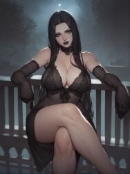 1girls ai_generated big_breasts black_hair black_lipstick breasts cleavage crossed_legs female female_only goth goth_girl hi_res legs_crossed lipstick long_hair moon moonlight original solo solo_female zzipper