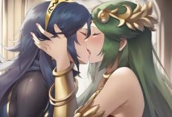 2girls ai_generated bare_shoulders blue_hair blurred_background blush bracelet chest_jewel closed_eyes crossover dress female female_only fire_emblem fire_emblem_awakening forehead_jewel french_kiss green_hair hand_on_head highres jewelry kid_icarus kid_icarus_uprising kissing lesbian_kiss lips long_hair lucina_(fire_emblem) multiple_girls necklace nintendo open_mouth painted_nails palutena passionate_kiss phyneo super_smash_bros. super_smash_bros._ultimate tiara tongue_kiss vambraces yuri