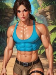 1boy abs absurd_res ai_generated ambush_(trap) brown_eyes brown_hair bulge dick femboy human jungle lara_croft male male_only muscles muscular_male nipple_bulge penis pinup ponytail rule_63 shorts solo tanktop tomb_raider trap veiny_muscles