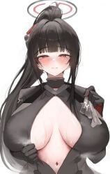 1girls 2026 aerolae big_breasts black_hair blue_archive blush breasts closed_mouth clothed clothing color colored debania digital_media_(artwork) female female_only hair hi_res light-skinned_female light_skin looking_at_viewer millennium_science_school_student open_clothes ponytail red_eyes rio_(armed)_(blue_archive) rio_(blue_archive) seminar_(blue_archive) simple_background solo stomach sweat sweatdrop viewed_from_above white_background