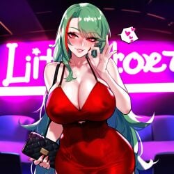 ai_generated azur_lane blowjob_face blush blush club curvaceous curvy curvy_body curvy_female curvy_figure dress fellatio_gesture green_hair heart heart_symbol light-skinned_female littorio_(azur_lane) long_nails looking_at_viewer red_dress red_highlights red_nails skin_tight unknown_artist