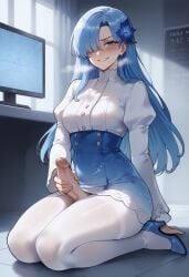 1futa ai_generated blush erection futanari hair_ornament hair_over_one_eye heavy_breathing jouthechou long_hair masturbation sitting sitting_on_floor small_breasts smug thiccwithaq_(ai_style) white_stockings