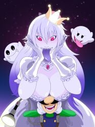 1boy 1girls big_breasts boo_(mario) boosette breasts cleavage clothing crown facial_hair female ghost ghost_girl gloves halloween hands_on_face huge_breasts larger_female long_hair long_tongue luigi luigi's_mansion male mario_(series) moustache nintendo open_mouth purple_eyes purple_tongue ricozappa sharp_teeth size_difference smaller_male tongue tongue_out voluptuous white_body white_dress white_gloves white_hair