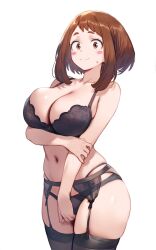 aged_up ai_generated arm_under_breasts ass_visible_through_thighs bare_arms bare_belly bare_shoulders belly_button black_bra black_panties black_thighhighs blush bra breasts brown_eyes brown_hair cleavage closed_mouth collarbone garter_belt garter_straps huge_breasts lace-trimmed_bra lace-trimmed_panties lingerie my_hero_academia ochako_uraraka panties setsuaiart short_hair smile solo thick_thighs thighhighs thighs underwear zettai_ryouiki