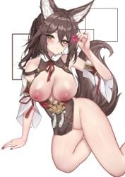 1girls absurdres animal_ears blush bottomless breasts breasts_out brown_hair condom condom_wrapper fox_ears green_eyes hair_ears highres holding holding_condom honkai:_star_rail honkai_(series) jinmuxi_(user_pvha4443) large_breasts long_hair looking_at_viewer nipples no_panties ponytail pussy simple_background tail thighs tingyun_(honkai:_star_rail) uncensored white_background