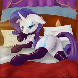 2014 anus ass bed blue_eyes cutie_mark elbow_gloves equine eyelashes eyeshadow female feral friendship_is_magic fur gloves hair hi_res horn inside looking_at_viewer lying makeup mammal my_little_pony pillow purple_hair pussy rarity_(mlp) solo thigh_highs unicorn white_fur xanthor