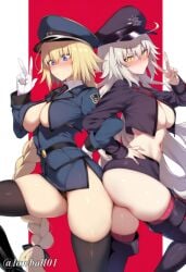 2girl 2girls ahoge ai_generated ass ass_cleavage ass_focus blonde_hair blue_eyes breasts breasts_out cap cleavage double_peace_sign fate/apocrypha fate/grand_order fate_(series) fgo girl girls gloves headwear jeanne_alter jeanne_alter_(swimsuit_berserker) jeanne_d'arc jeanne_d'arc_(alter)_(fate) jeanne_d'arc_(fate) jeanne_d'arc_(fate)_(all) jeanne_d'arc_(swimsuit_archer) jeanne_d'arc_alter_(fate) knees_up legs legs_apart long_hair looking_at_viewer lowball01 microskirt midriff miniskirt multiple_girls navel necktie peace_sign peaked_cap police police_uniform thigh_boots thigh_highs thighhighs thighs underboob white_gloves white_hair white_shirt yellow_eyes