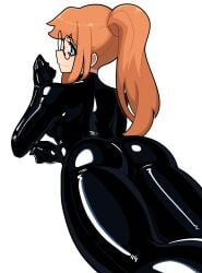 black_bodysuit blue_eyes freckles glasses latex latex_bodysuit muds original_character ponytail red_hair