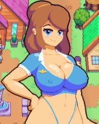 1girls big_breasts blue_eyes blush breasts brown_hair cleavage female_only game_cg highleg highleg_panties light-skinned_female light_skin nipples nipples_visible_through_clothing pixel_art solo spirit_valley thick_thighs thong