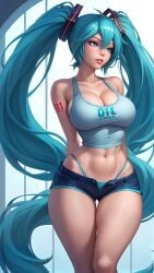 ai_generated bare_shoulders belly_button big_breasts blue_hair breasts cleavage collarbone cute firm_breasts focus hands_behind_back hatsune_miku hourglass_figure large_breasts looking_at_another midriff navel round_breasts seducing seduction seductive seductive_body seductive_eyes seductive_gaze seductive_look seductive_mouth seductive_pose seductive_smile short_shorts shorts simple_background sky4maleja standing tank_top thick_thighs thong_straps vocaloid waist