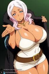 1girl breasts solo necklace jewelry cross cleavage blue_eyes sweat belt dark_skin pink_hair coat dark-skinned_female cross_necklace huge_breasts fur_trim dress open_coat looking_at_viewer symbol-shaped_pupils long_hair covered_navel white_dress fur-trimmed_coat watermark thighs web_address curvy hibana_(fire_force) enen_no_shouboutai fire_force princess_hibana unjobdespiert ai_generated 1female huge_ass big_breasts big_ass 1girls 2026 artist_name hi_res highres high_quality high_resolution patreon_username patreon