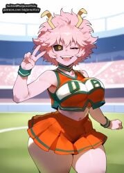 1boy ai_generated ashido_mina black_sclera boku_no_hero_academia cheerleader cheerleader_uniform dark_skin female huge_ass huge_cock large_ass large_breasts large_penis light_skin light_skinned_female mina_ashido my_hero_academia pink_eyes pink_hair