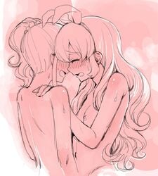 2girls aikatsu! blush closed_eyes couple female hairband hand_on_shoulder hoshimiya_ichigo kiriya_aoi long_hair monochrome multiple_girls nipples nude open_mouth pink pink_background sex side_ponytail smile sweat yoban yuri