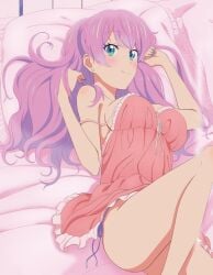 blush busty cute fuufu_ijou_koibito_miman green_eyes in_bed lingerie pajamas pink_hair sleepwear watanabe_akari