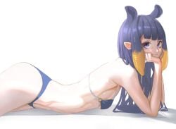 ass beauty_mark bikini hololive hololive_english hololive_myth looking_at_viewer ninomae_ina'nis on_floor on_stomach small_breasts smile spicyyrum thin_waist virtual_youtuber vtuber