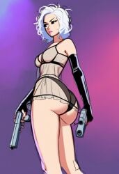 1girls ai_generated curvy curvy_hips depth_of_field forced_perspective gun honey_gal latex_armwear latex_boots latex_thighhighs latex_underwear medium_ass nightgown original_character posing_with_weapon rear_view solo ssktch underwear