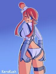 1girls ass ass_focus ass_grab back_view backboob blue_eyes closed_eye elbow_gloves female grabbing_ass huuro_(pokemon) latina looking_at_viewer looking_back nintendo pokemon pokemon_bw red_hair shorts skyla_(pokemon) tongue turtleneck