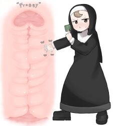 black_boots black_dress blush boots brown_eyes brown_hair condom condom_wrapper cross_section diagram dress female froggy_nun_(diva) highres little_nuns_(diva) nun pussy simple_background sweat traditional_nun triangle_mouth uterus white_background zlix0n