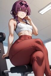 ai_generated alternate_breast_size ass bangs bare_shoulders breasts crossed_legs dutch_angle earrings eyebrows_visible_through_hair eyewear_on_head female from_below grin honkai:_star_rail huge_ass kafka_(honkai:_star_rail) looking_at_viewer midriff pants purple_eyes purple_hair self_upload sitting small_breasts smile solo sunglasses thick_thighs thighs yukiguni_yuu_(style)