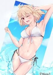 arcueid_brunestud armpits arms_up bikini blonde_hair blush breasts choppy_bangs cowboy_shot female floating_hair front-tie_bikini_top front-tie_top highres large_breasts navel one_eye_closed open_mouth pointy_chin short_hair side-tie_bikini_bottom sky smile solo swimsuit taketsuki_217 tsukihime twitter_username type-moon white_bikini