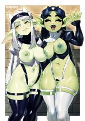 2girls 4_fingers amber_eyes areolae black_hair black_thighhighs blush breast_to_breast breasts eyelashes female female_only goblin goblin_female gobtober gobtober_2024 green-skinned_female green_skin greeting greeting_viewer horns long_hair looking_away mostly_nude nipples nun nun_outfit original original_character phloxberry pointy_ears pubic_hair pussy skimpy skimpy_clothes smiling smiling_at_viewer thick_thighs thighhighs very_high_resolution white_hair white_thighhighs