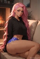 ai_generated booty_shorts female hoodie legs pink_hair seraphine_(league_of_legends) thighs