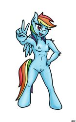 1girls anthro arms equine exposed_legs exposed_pussy feathered_wings female friendship_is_magic fully_nude fur furry hand_on_hip hooves humanoid knees legs mare my_little_pony naked neck niggabuysomeapples nude one_eye_closed peace_sign pose rainbow_dash_(mlp) rainbow_hair rainbow_mane rainbow_tail simple_background smile smooth_skin solo solo_female tagme torso v white_background wings wink winking_at_viewer