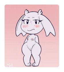 anthro blush breasts cave_story el_senor_erizo embarrassed eyelashes female fur genitals hi_res lagomorph looking_at_viewer mammal mimiga nipples nude pussy scar simple_background small_breasts solo sue_sakamoto thick_thighs white_body white_fur wide_hips