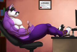 1boy abs anthro biceps big_muscles black_hair canine chair claws clenched_teeth closed_eyes computer desk erection folf fox fur furry hair humanoid_penis hybrid male male_only masturbation muscles nude pecs penis purple_fur reclining shyloc sitting solo vamplust wolf